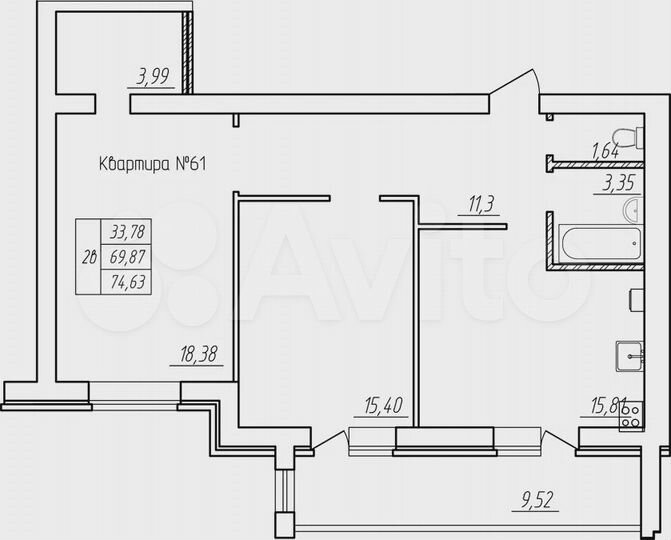 2-к. квартира, 74,6 м², 1/5 эт.