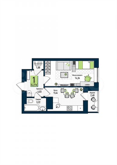 1-к. квартира, 34,3 м², 1/17 эт.