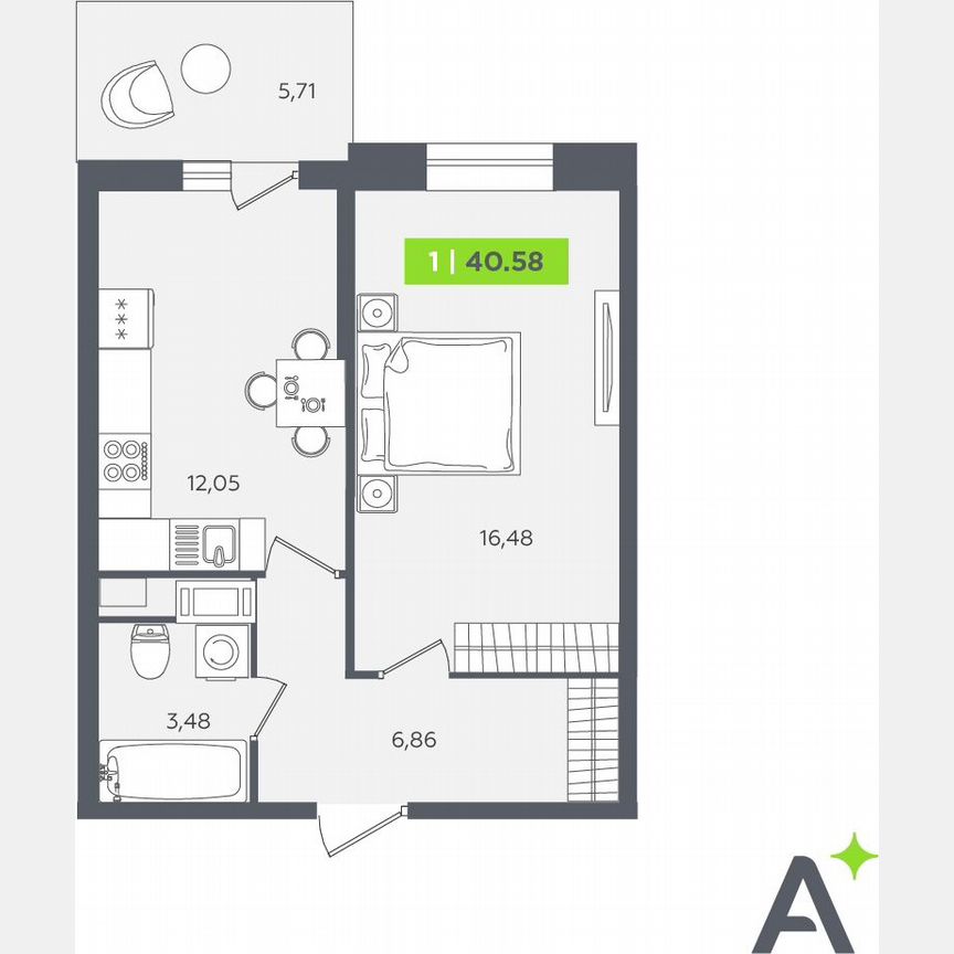 1-к. квартира, 40,6 м², 10/12 эт.