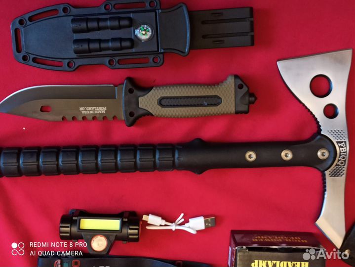 Набор туристический, топор, нож, фонарь, огниво