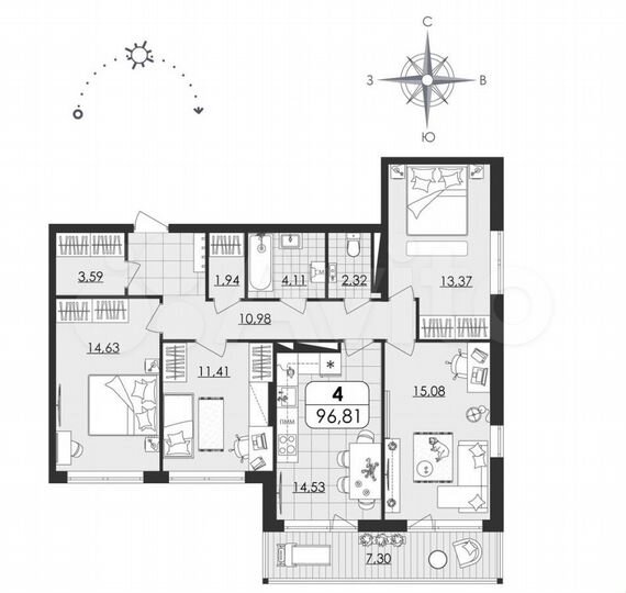 4-к. квартира, 97 м², 19/20 эт.