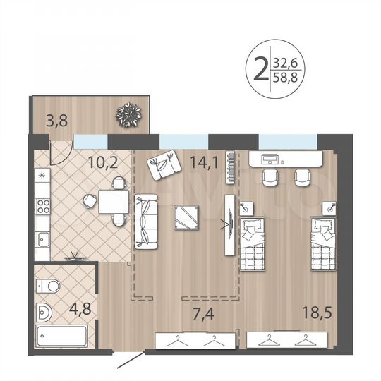 1-к. квартира, 40 м², 2/12 эт.