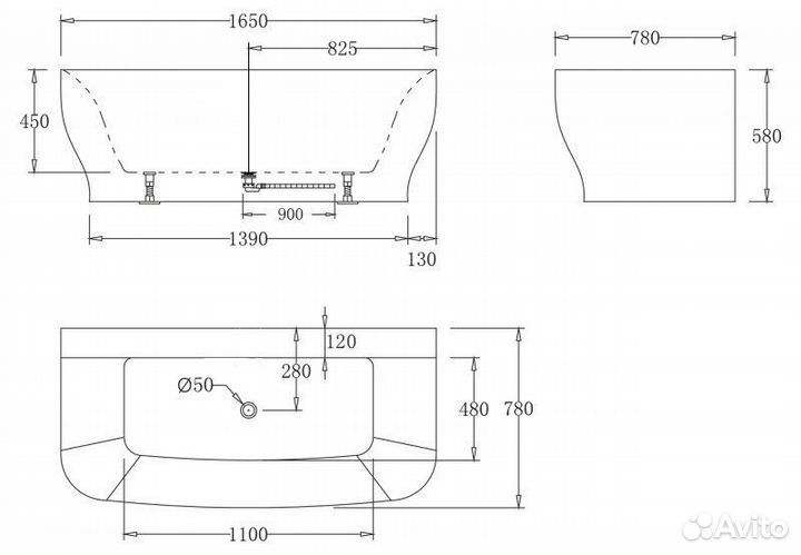 Ванна акриловая пристенная belbagno BB74-1650-W0