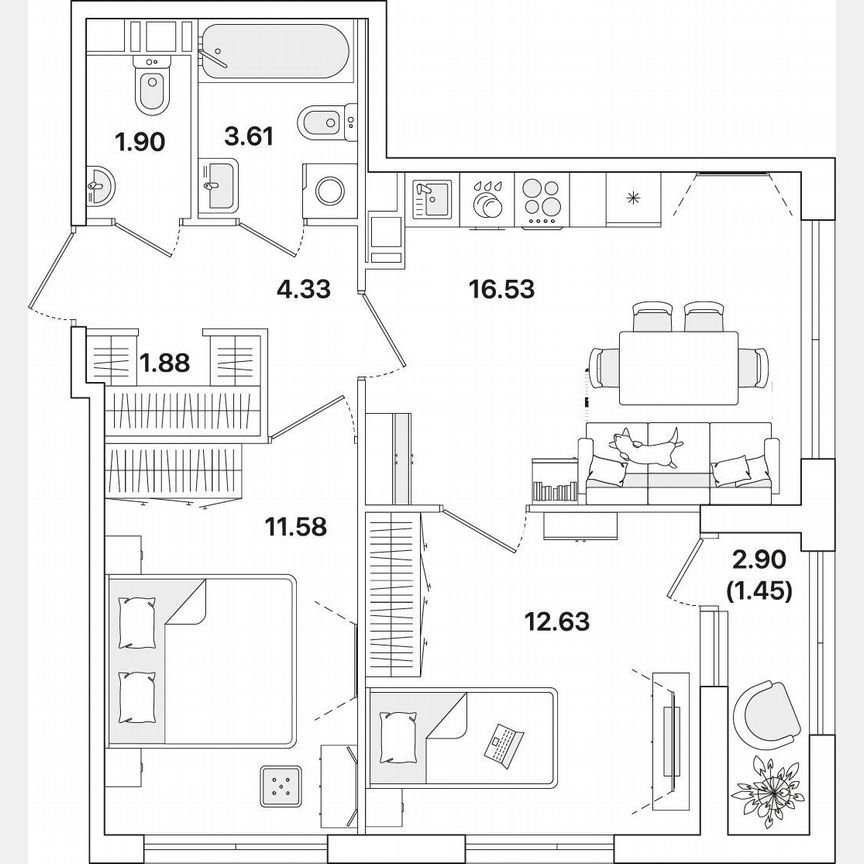 2-к. квартира, 53,9 м², 3/12 эт.