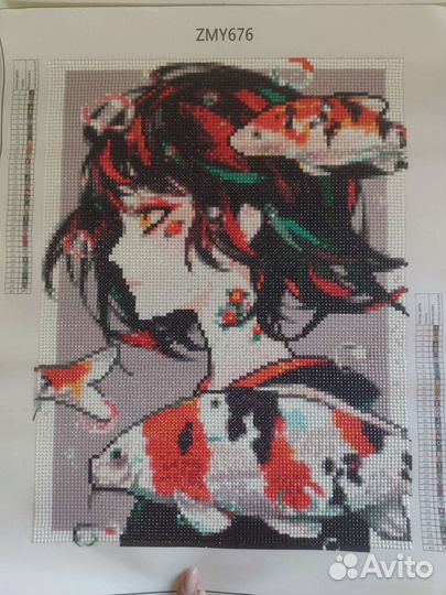 Собранная алмазная мозайка девушка и рыбы