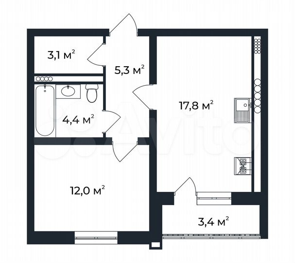 1-к. квартира, 44,3 м², 3/5 эт.