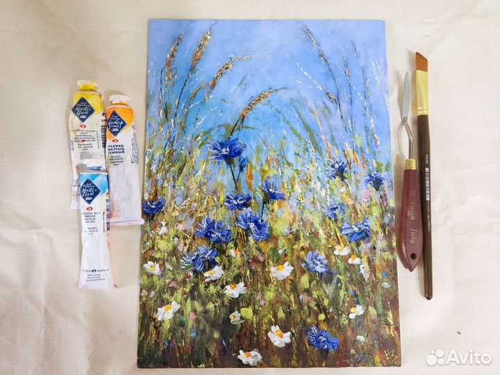 Картина васильки, масло, холст 35*25см