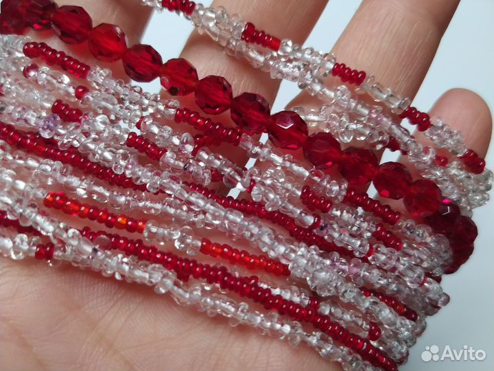 Бусы многорядные бисер, рубиновое стекло