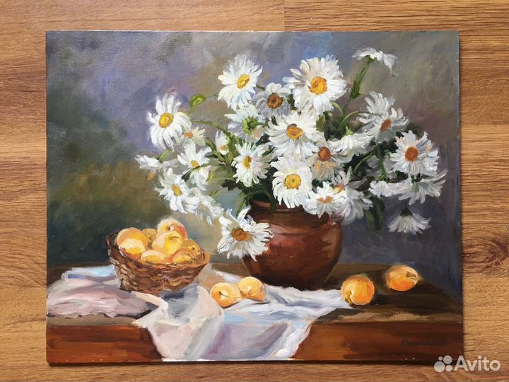 Картина маслом натюрморт с ромашками 50х60