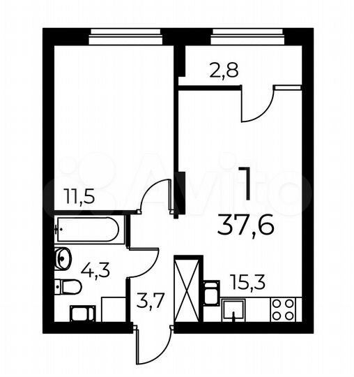1-к. квартира, 37,6 м², 2/19 эт.
