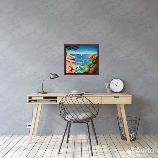 Картина с лодкой морской пейзаж скалы Крым масло