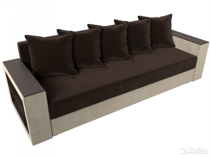 Диван прямой Дубай Лайт полки слева, микровельвет, коричневый, бежевый