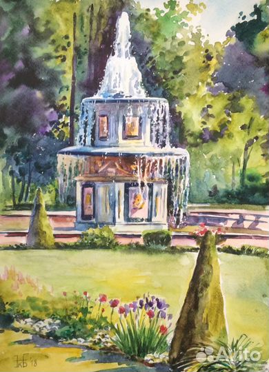 Картина - Петергоф. Римский фонтан. Акварель