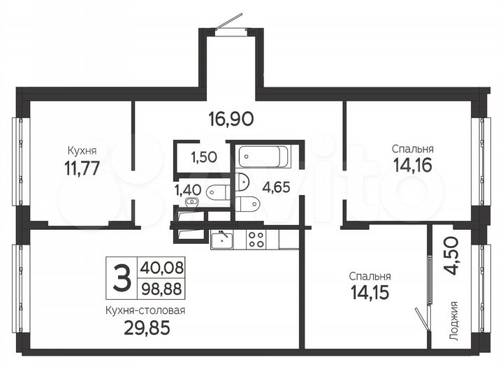 3-к. квартира, 98,9 м², 3/22 эт.