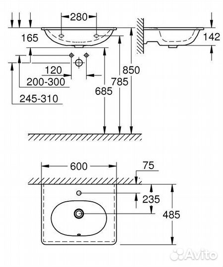 Раковина подвесная Grohe Essence Ceramic, 60 см