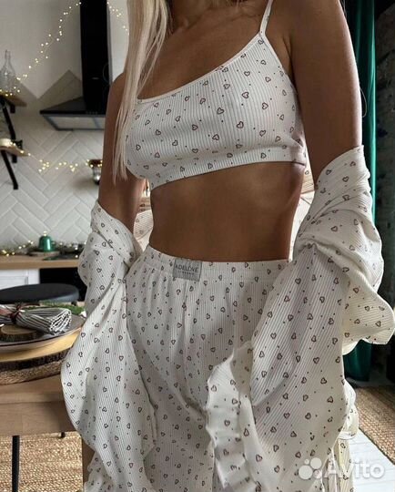 Костюм домашний с халатом брюками и топом 3в1