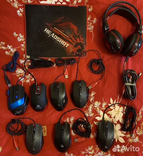 Наушники, мышки, коврик, клавиатура