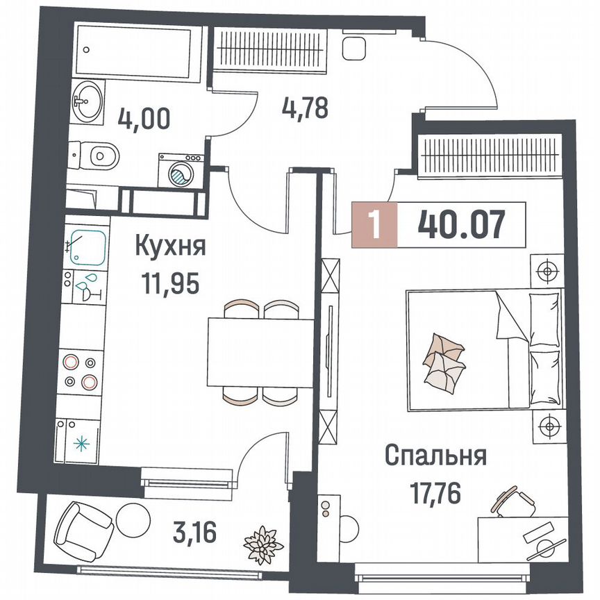 1-к. квартира, 40,1 м², 9/18 эт.