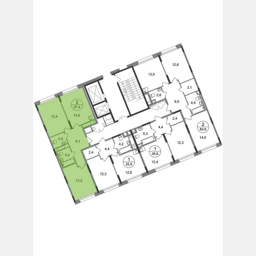 2-к. квартира, 57,4 м², 2/17 эт.