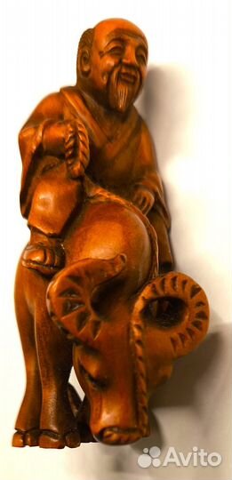 Лао Цзы на быке. Нэцке. Самшит, резьба. Размер 6,5