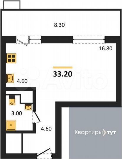 Квартира-студия, 33,2 м², 6/15 эт.