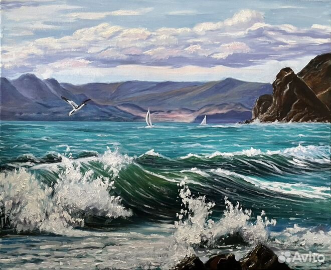 Картина маслом море пейзаж птица чайки парусник