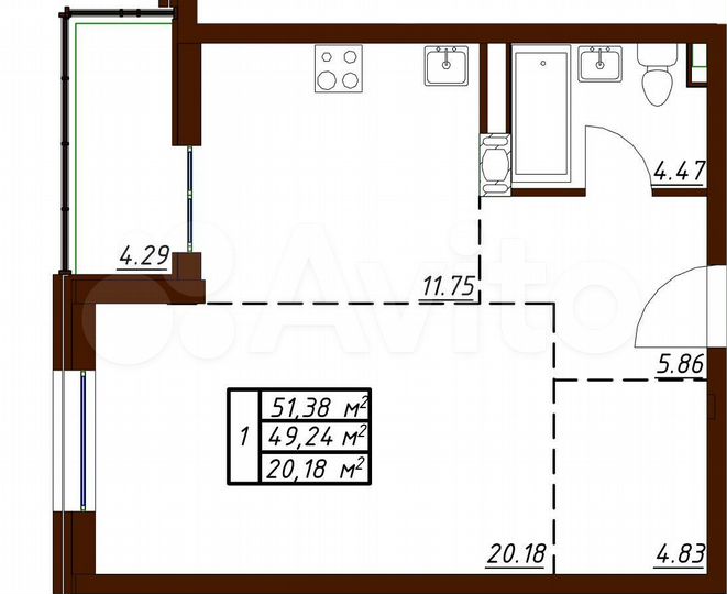 1-к. квартира, 51,4 м², 6/19 эт.