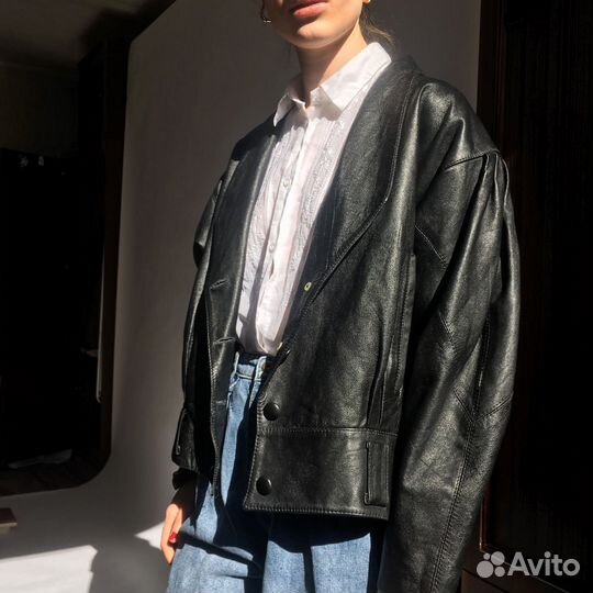 Куртка черная кожаная нат кожа М оверсайз винтаж