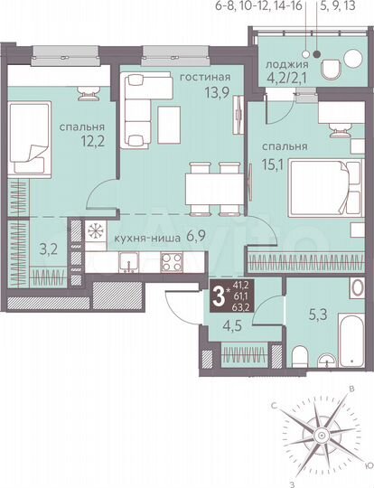 3-к. квартира, 63,2 м², 13/16 эт.