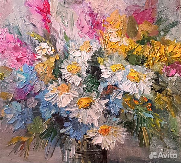 Картина ромашки букет полевые цветы маслом холст