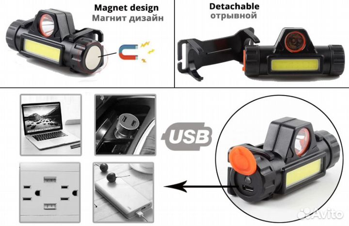 Фонарик налобный аккумуляторный с магнитом