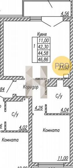 1-к. квартира, 44,6 м², 1/6 эт.