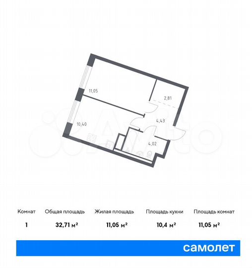 1-к. квартира, 32,7 м², 8/11 эт.