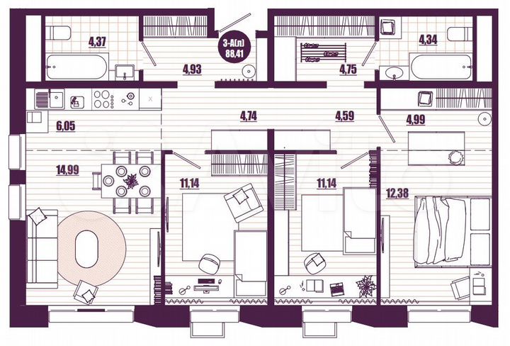 3-к. квартира, 88,4 м², 3/16 эт.