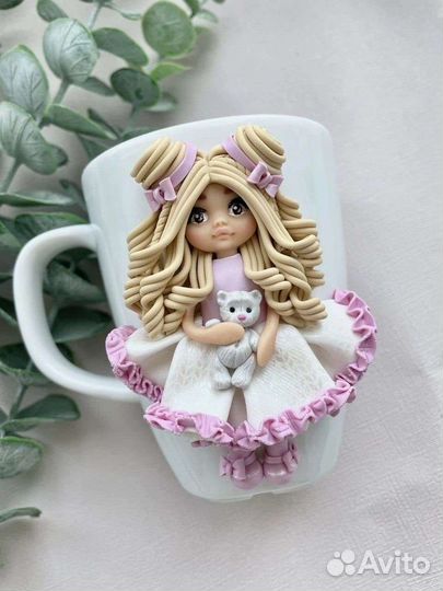 2 Кружки + 2 ложки с декором из полимерной глины