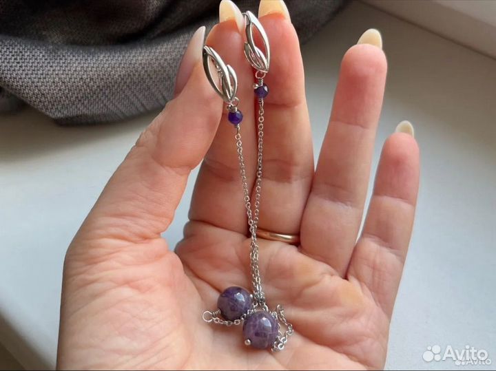 Серебряные серьги длинные с аметистом и агатом
