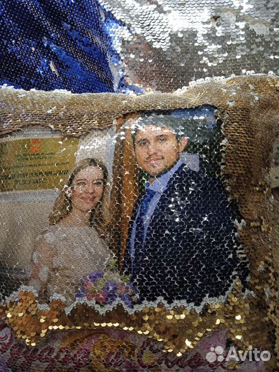 Подушка с пайетками и фото свадебная