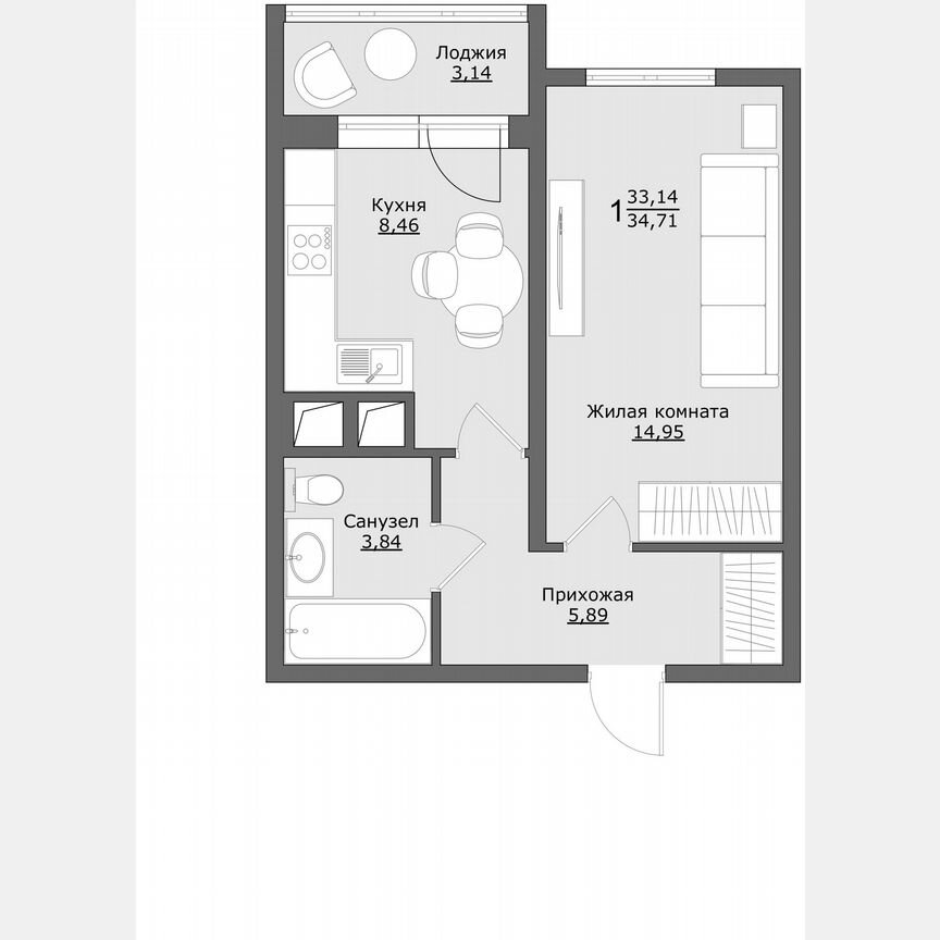 1-к. квартира, 34,7 м², 7/9 эт.