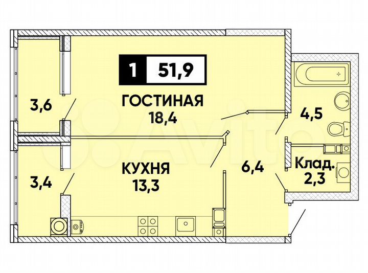 1-к. квартира, 52 м², 6/24 эт.