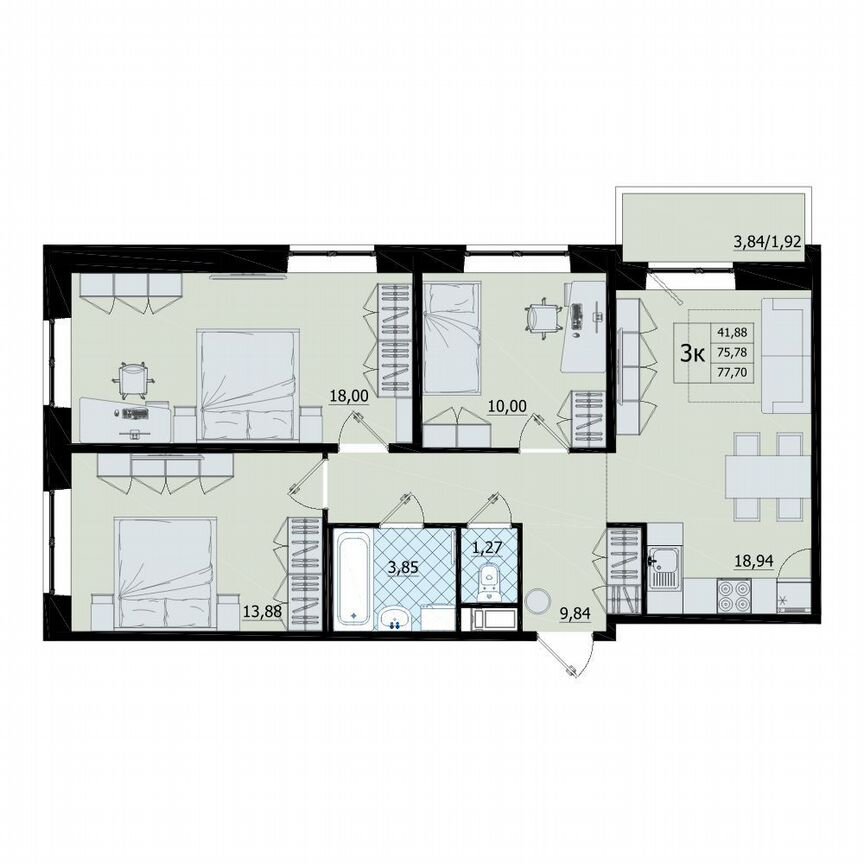 3-к. квартира, 77,7 м², 2/9 эт.