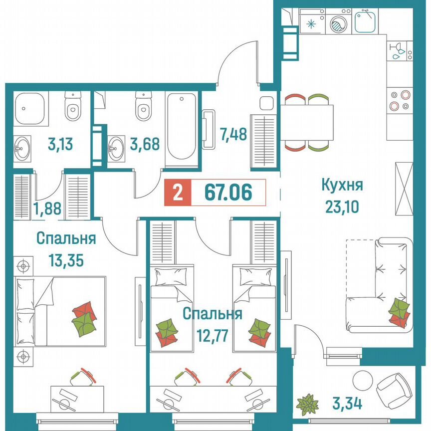 2-к. квартира, 67,1 м², 2/18 эт.