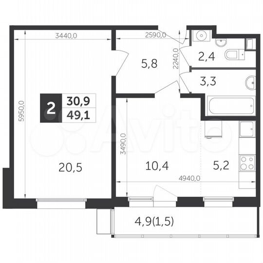2-к. квартира, 49,1 м², 14/21 эт.