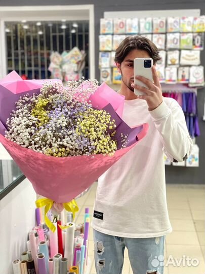 Хризантема, Роза, ирис, альстромерия, гипсофила