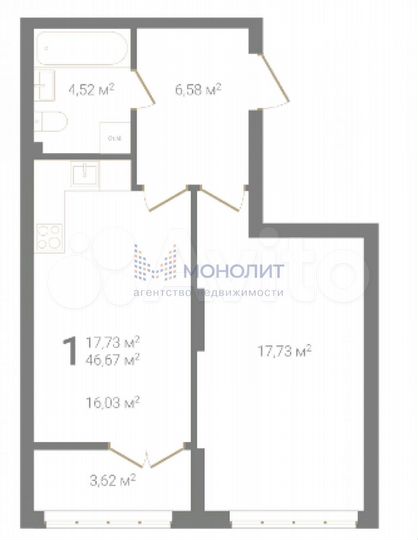 1-к. квартира, 46,7 м², 2/14 эт.