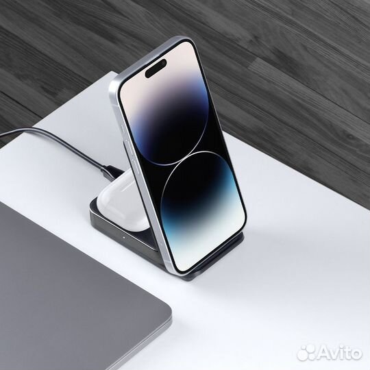 Беспроводное зарядное устройство Deppa 2 в 1 QI iPhone, Airpods, 20Вт, графит