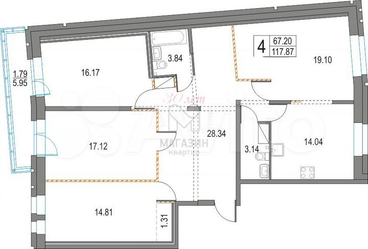 4-к. квартира, 118 м², 15/25 эт.