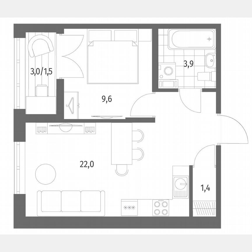 1-к. квартира, 38,6 м², 2/12 эт.