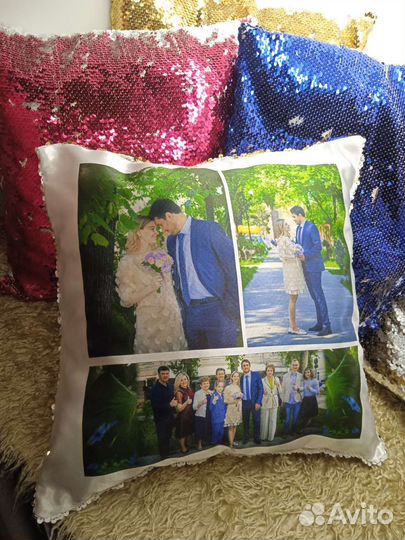 Подушка с пайетками и фото свадебная