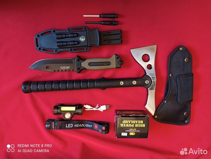 Набор туристический, топор, нож, фонарь, огниво
