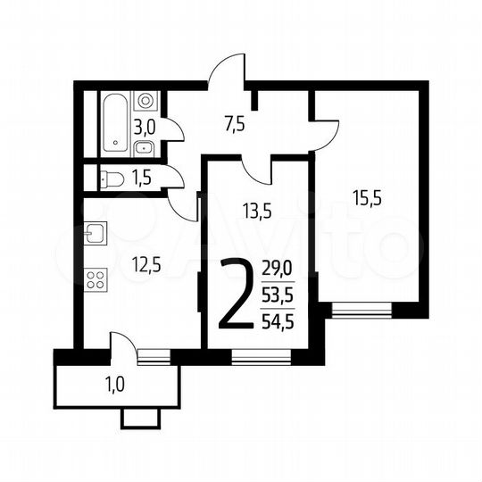 2-к. квартира, 54,5 м², 5/12 эт.